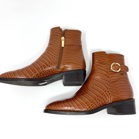 Aquatalia Fara Croc-Embossed Weatherproof Leather Ankle Boots Cognac - Picture 6 of 15